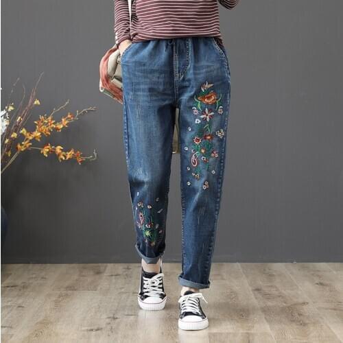 Plus Size Womens Blue Jeans Casual Floral Embroidery Elastic Waist Slim Ankle Pants