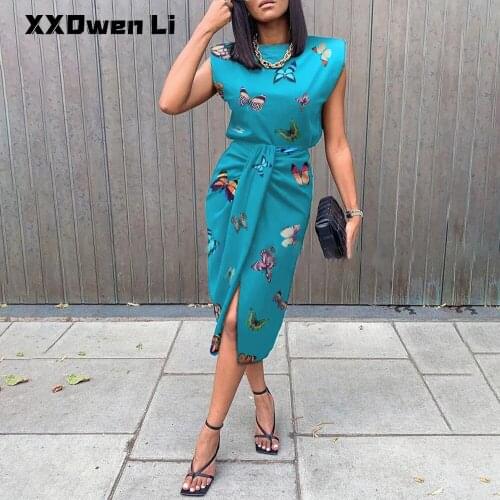 Womens Print Sleeveless Two-piece suit Dress 2021 Sexy Slim Irregular skirt Casual vest Shoulder pads black Top Women Clothing
