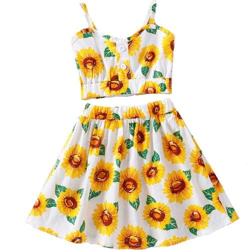 Girls Clothing Set Sunflower Print Sleeveless Sling Tops and Skirt Two-piece Suit for Vacation Birthday Party