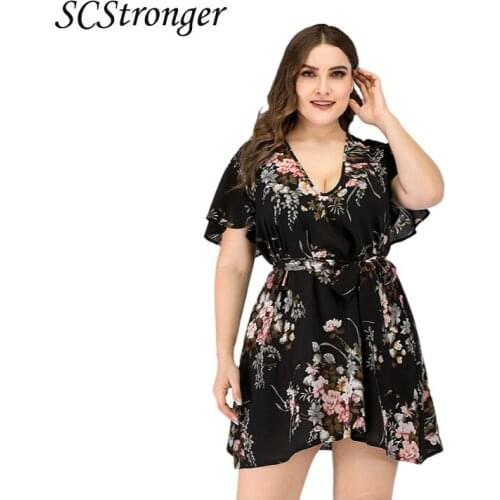 Scstranger Summer Female Self Cultivation Sexy Black Dress Printed Floral Chiffon V Neck Short Sleeve Temperament Commuter Dress