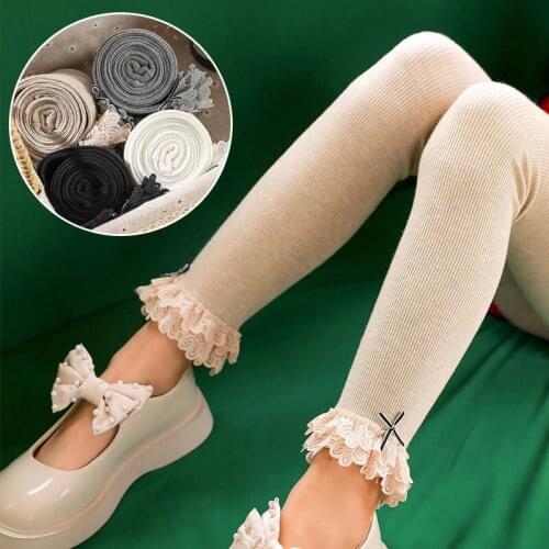 2021 Spring Autumn Girls Leggings For Childrens Combed Cotton Tights Kids Vintage Double Lace Bow Elastic Pants Solid Color