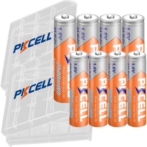 PKCELL 4Pcs AA 2500MWH Rechargeable Batteries +4Pcs 900MWH 1.6V NIZN Rechargeable AAA Battery with 2PC AA AAA Battery Box holder