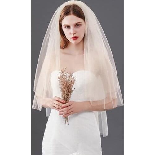 2-Tier Wedding Veil for Brides Champagne Short Veils Fingertip Length Simple Bridal Veils With Comb Cut Edge Hair Accessories
