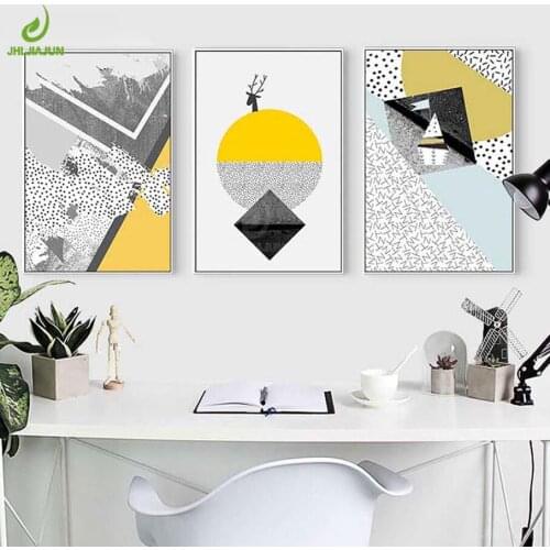 JHLJIAJUN Abstract Deer Posters And Prints Wall Pictures For Living Room Wall Art Yellow Gray Geometric Paintings Nordic Poster