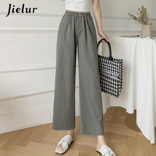 Jielur Cotton Linen Wide Leg Pants for Women Solid Color Spring 2021 Casual Loose Pants Elastic Waist White Black Trousers S-XXL