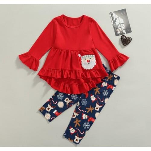 Little Girls Outfit Long Sleeve Round Collar Flared Cuff Trailing Tops + Santa Claus Snowflake Elk Printing Trousers 2 Piece Set