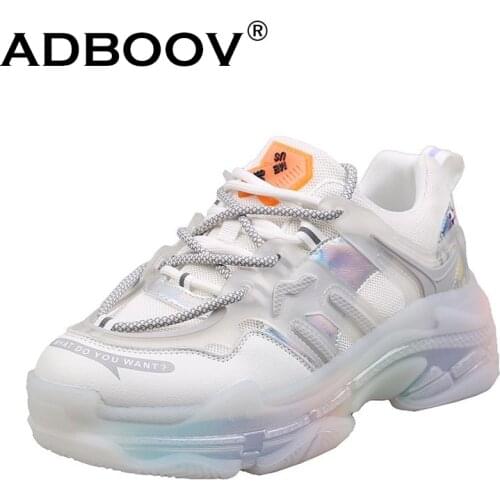 ADBOOV Genuine Leather Fashion Sneakers Women Transparent Sole Chunky Shoes Female