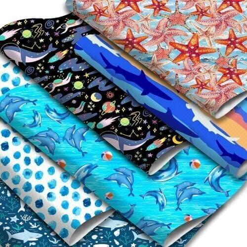 Ocean Series Faux Leather Sheets Shark Dolphin Star Shell Pattern Printed Synthetic Leather Fabric Roll for Handbags Earrings
