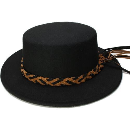 LUCKYLIANJI Women Men Vintage 100% Wool Wide Brim Round Cap Pork Pie Porkpie Bowler Hat Twist Braid Leather Band (57cm/Adjusted)