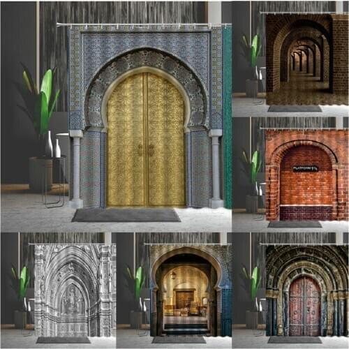 Moroccan Shower Curtain Aged Gate Geometric Pattern Doorway Design Entrance Architectural Oriental Style Bathroom Curtains