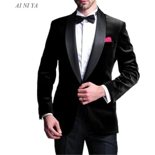 Velvet Mens Suits Black Shawl Lapel Wedding Party Suits Men Autumn Casual Groom Tuxedos 2 Pieces Business Suits