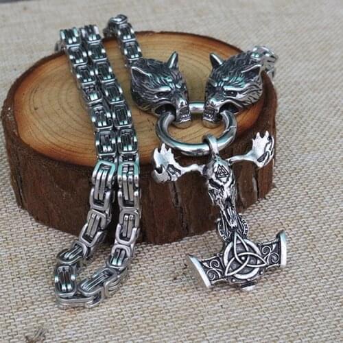 Mens Vintage Viking Wolf Head Necklace Demon Sheep Head Thors Hammer Pendant Celtic Pattern Jewelry