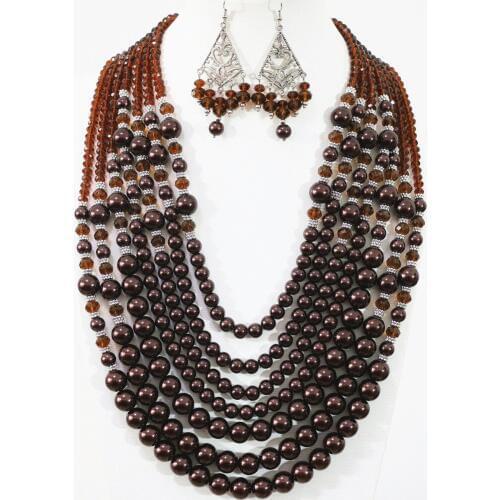 Charms Women Chololate Round Shell Simulated-pearl Fashion 7 Rows Beads Necklace Earrings Gifts Jewelry Set B1309