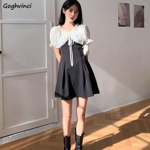 Dress Women Black White Patchwork Sexy Mini Shirring Puff Sleeve Kawaii Girls Daily Street Korean Style Abdomen Summer Maiden