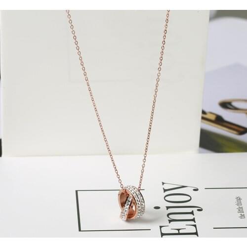 YUN RUO 2021 Rose Gold Color Luxury Fashion Double Circles Crystal Pendant Necklace Titanium Steel Jewelry Woman Gift Not Fade