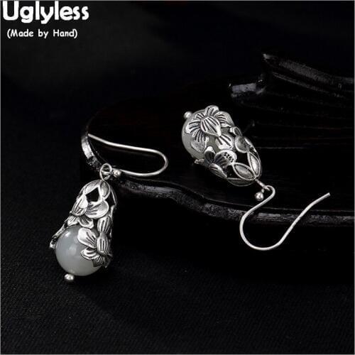 Uglyless 100% Real 925 Sterling Silver Handmade Lotus Earrings Ethnic Thai Silver Fine Jewelry for Women Nature Jade Ball Bijoux