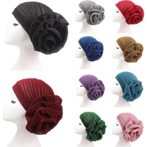 Fashion New Women Glitter Turban Flower Chemo Cap Muslim Headscarf Stretch Hair Loss Hat Beanie Bonnet India Headwear Scarf Wrap