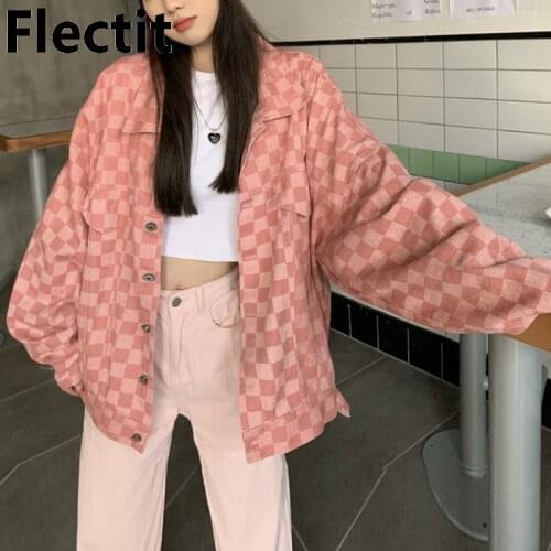 Flectit Checkered Denim Jacket Women Oversized Pink / Green Check Jean Jacket Coat Female Aesthetic Streetwear