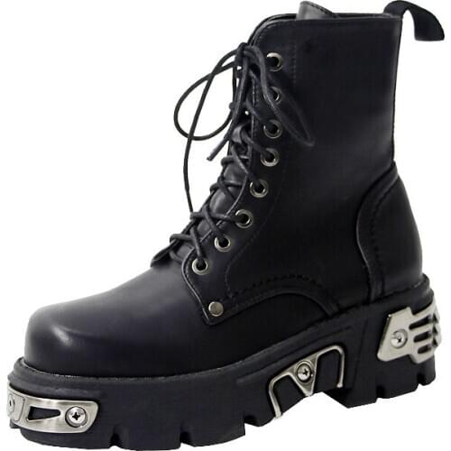 OLOMLB Womens Round Toe Platfrom Gothic Punk Ankle Boots Shoes Metal Decor Creepers High Heel Japanese Harajuku Genuine Leather