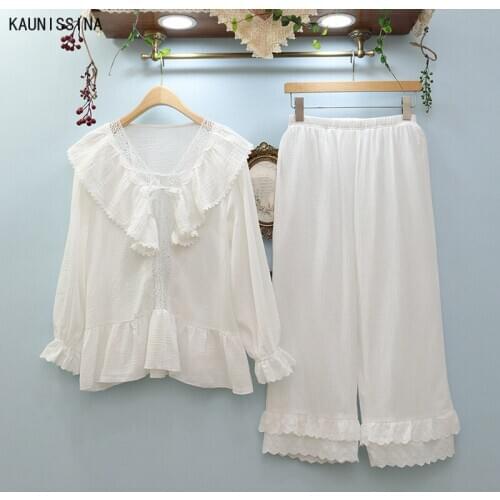 Women Autumn Pajamas 100% Cotton Sleepwear Lace White Princess Long-Sleeved Tops Ankle-Length Pants Pajama Set Female Nightwear