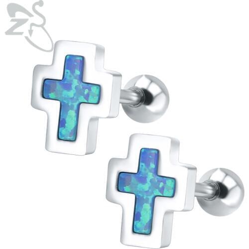 Fire Opal Stone Stud Earrings Women Cross Opal Ear Studs Surgical Steel Tiny Womens Earring Piercing Jewelry Boucle D'oreille