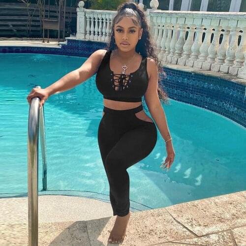 Sexy Fitness Matching Sets Women 2021 Sleeveless Lace Up Crop Tank Top and Cut Out Hole Pencil Legging Casual Two Piece Outfits