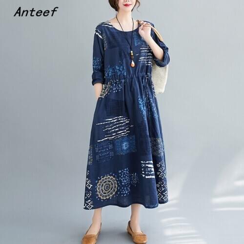 Long sleeve plus size cotton linen vintage floral for women casual loose autumn dress elegant clothes 2021 ladies dresses