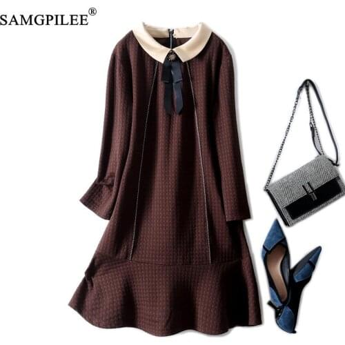 Winter Dress Women 2021 New Casual Trumpet Mermaid Plaid Wrist Knee-length Peter Pan Collar Korean Style Ladies Dresses 4XL