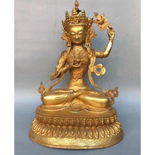 19" Tibet Buddhism Temple Old Bronze Gilt Tara Buddha Statue Guanyin holding flowers Double Lotus Terrace Amitabha statue