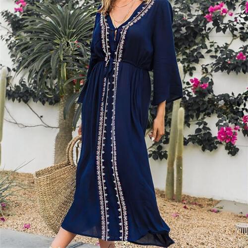 Boho Embroidery V Neck Blue Maxi Dress Three Quarter Sleeve Indie Folk Fit And Flare Ankle Length Dress Casual Sundress N529