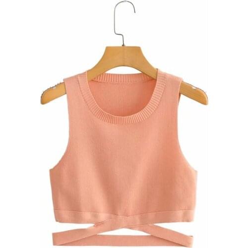 DOUJILI Fashion Ladies Tops Popular Sleeveless Short Knitted Tank Tops Pink Black Top For Women