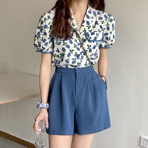 QOERLIN Two Piece Shorts Sets Retro Turn-Down Collar Floral Chiffon Shirt Top A-line Hakama Elastic Waist Wide Leg Shorts Suit