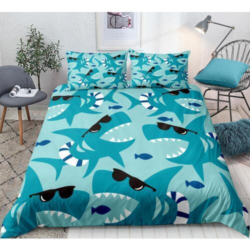 Cartoon Shark Duvet cover set Cartoon animal Bedding set for Kids boys Bedspread Blue Marine Style Home Textiles 3pcs Queen size