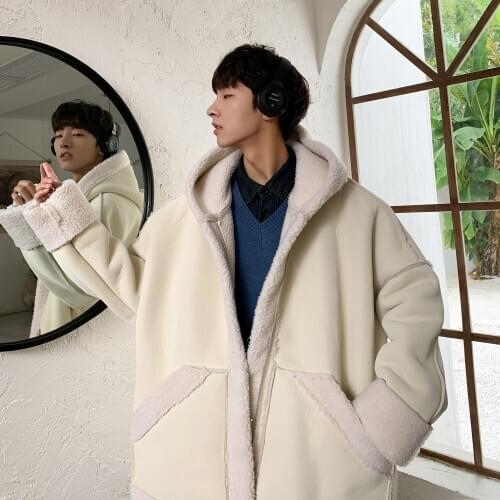 Lamb PU Leather Fur Cotton-padded Clothes Winter Mens Male Windbreaker Snow Jackets Keep Warm Trench Casual Waterproof Parkas