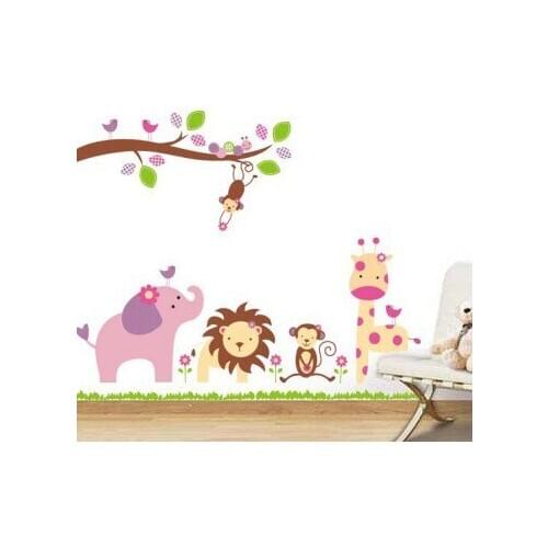 Cartoon Jungle wild animal tree bridge flowers Wall Stickers for kids room living room lion Giraffe elephant birds home decor
