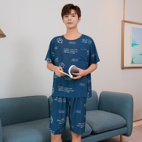 2021 New Summer Print Cotton Mens Short Sleeve Shorts Pajama Sets Casual O Neck Sleepwear Loose Home Clothes For Men Large Size