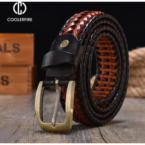 Men Genuine Leather Braided Belts Webbing High Quality Hand Vintage Belts for Men Gold Pin Buckle Casual for Jeans Strap HQ212