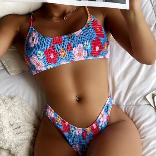 Sexy Bikini Sets Floral Print Smocking Bandeau Swimsuit Women 2 Pieces 2021 New Girl Beach Bathing Suits Swimwear Trajes De Bano