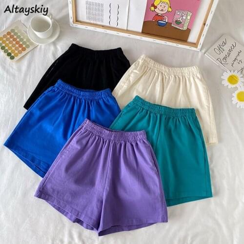 Shorts Women Summer High Elastic Waist Lovely Girls Korean Style Students Streetwear All-match Pure Simple Oversize Leisure Lady