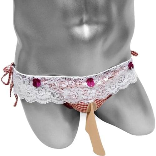 Lace-Work Mens Briefs Underpants Penis Sheath Sissy Pouch Panties Fashion Plaid Bowknot Bikini Low Rise Underwear