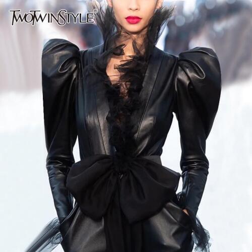 TWOTWINSTYLE Patchwork Mesh PU Leather Womens Jackets V Neck Puff Long Sleeve High Waist Slim Bow Coat Female 2020 Fashion Tide