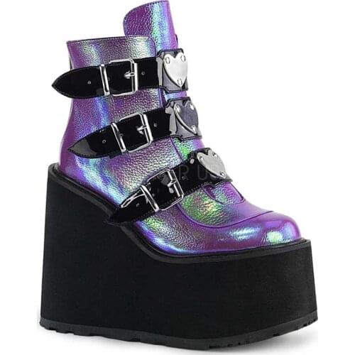 Brand New Metal Buckle Ankle Boots Women Fashion Punk Female High Platform Boots Wedges High Heels Shoes Woman