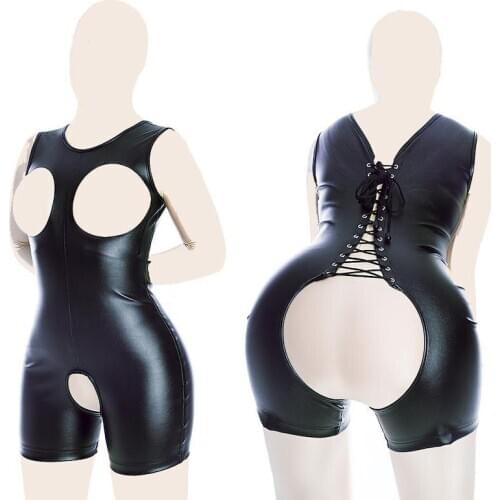 Women PU Leather Erotic Cupless Romper Bodysuit Back Lace Up Tight Fit Open Butt Crotchless Body Harness Fetish Lingerie