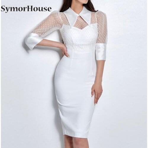 Summer Mesh Stitching Pencil Sheath Bodycon Dress Korea Lady Office Vestidos Slim White Sexy Elegant OL Simple Dresses Autumn