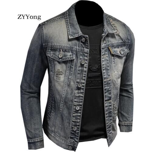 ZYYong Retro Fashion Slim Hole Mens Denim Jacket Mens Aviator Jacket High Quality Hip Hop Mens Denim Jacket Street Wear