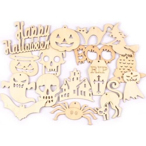10Pcs Mixed Pattern Halloween Wooden Hanging Pendant DIY Accessory Home Party Decoration Wood Crafts Handmade Supplies 60-100mm