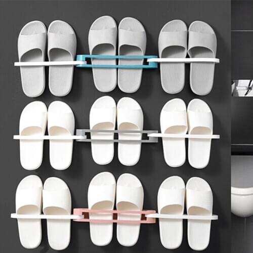 6PCS Wall-mounted Room Shoe Rack Family Bathroom Storage Rack Foldable Self-adhesive 3in1 Towel Rack Plastic Slippers Rack