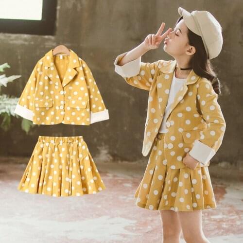 Girls Blazer Jackets Suit Children Kids Blazer+Pleated Skirt School Uniform Suit Polka Dot Kids Clothes Set 4 7 9 11 12 14 Years