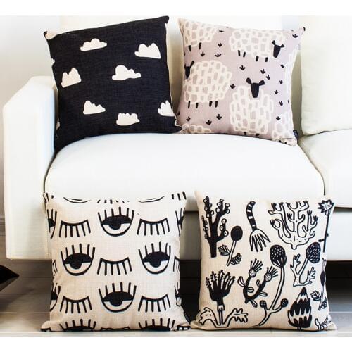 Black White Floral Sheep Cat Cartoon Geometric Pillow Cushion Home Decorative Pillows Linen Pillowcase Sofa Cushion