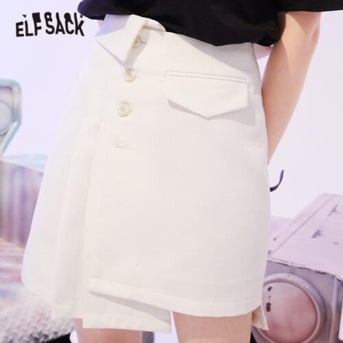 ELFSACK Solid Pure Chic Button High Waist Casual Women Irregular Mini Skirts,2021 Summer ELF Vintage,Korean Ladies Daily Bottom